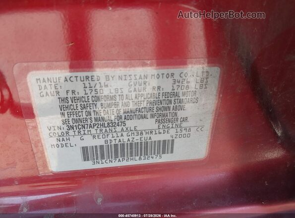 3N1CN7AP2HL832475 2017 NISSAN VERSA Red Vista del compartimento del motor
