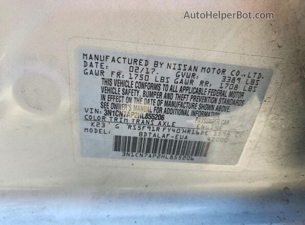 3N1CN7AP2HL855206 2017 NISSAN VERSA Silver ძრავის განყოფილების ხედი