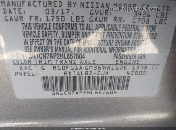 3N1CN7AP2HL857604 2017 NISSAN VERSA Gold Вид підкапотного простору