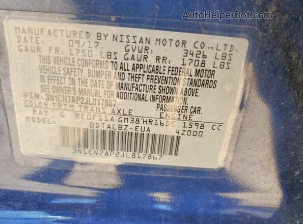 3N1CN7AP2JL817867 2018 NISSAN VERSA Blue Вид підкапотного простору