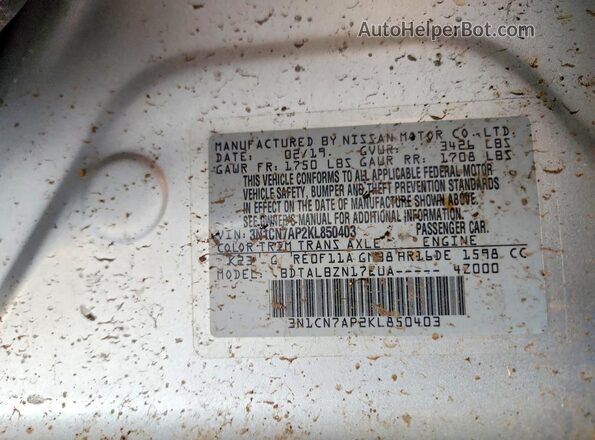 3N1CN7AP2KL850403 2019 NISSAN VERSA Silver Вид наклейки з VIN-кодом