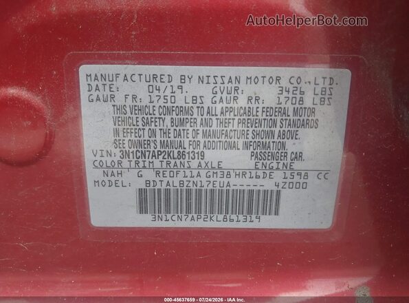 3N1CN7AP2KL861319 2019 NISSAN VERSA Красный Вид подкапотного пространства
