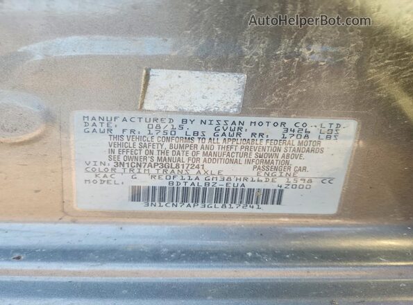 3N1CN7AP3GL817241 2016 NISSAN VERSA Gray Vista de la etiqueta del VIN