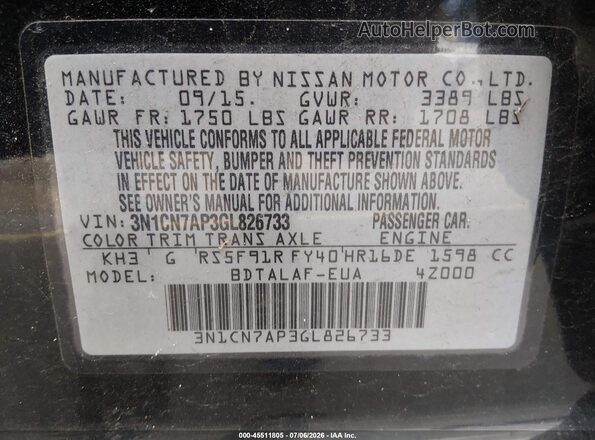 3N1CN7AP3GL826733 2016 NISSAN VERSA Black Vista del compartimento del motor