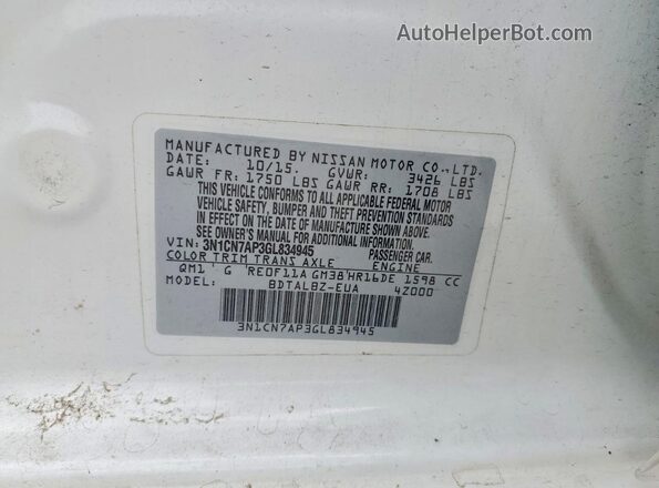 3N1CN7AP3GL834945 2016 NISSAN VERSA White Vista del compartimento del motor