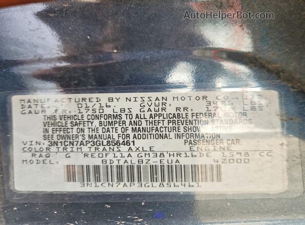 3N1CN7AP3GL856461 2016 NISSAN VERSA Blue Widok naklejki z numerem VIN