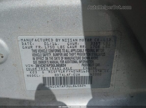 3N1CN7AP3GL865824 2016 NISSAN VERSA White Vista del compartimento del motor