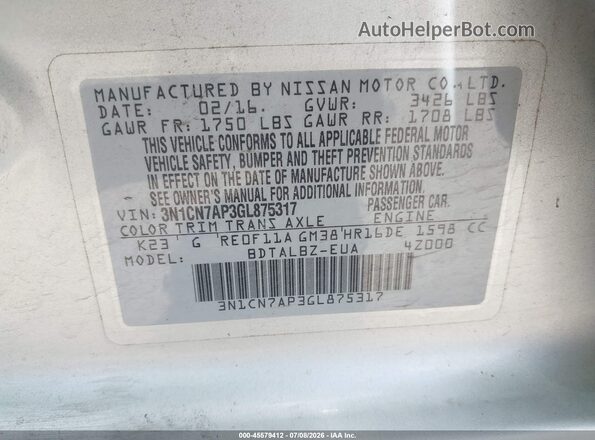 3N1CN7AP3GL875317 2016 NISSAN VERSA Silver Widok komory silnika