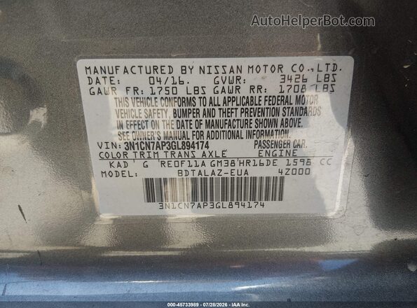 3N1CN7AP3GL894174 2016 NISSAN VERSA Gray ძრავის განყოფილების ხედი