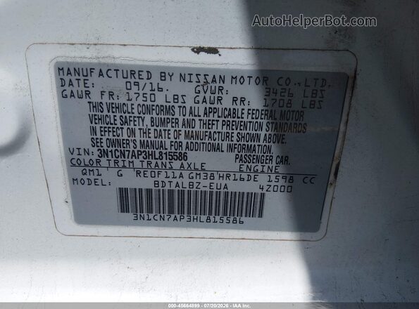 3N1CN7AP3HL815586 2017 NISSAN VERSA White Widok komory silnika