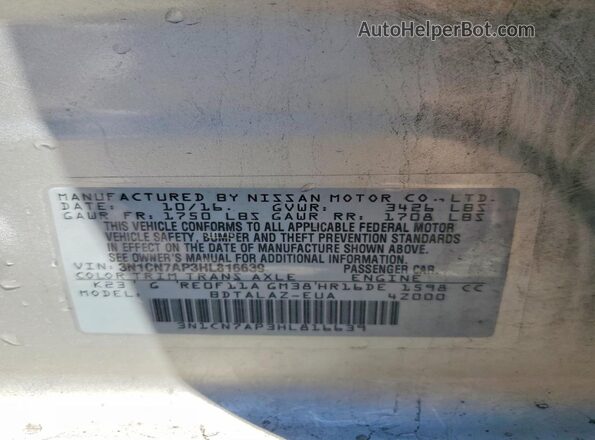 3N1CN7AP3HL816639 2017 NISSAN VERSA Серебряный Вид наклейки с VIN-кодом