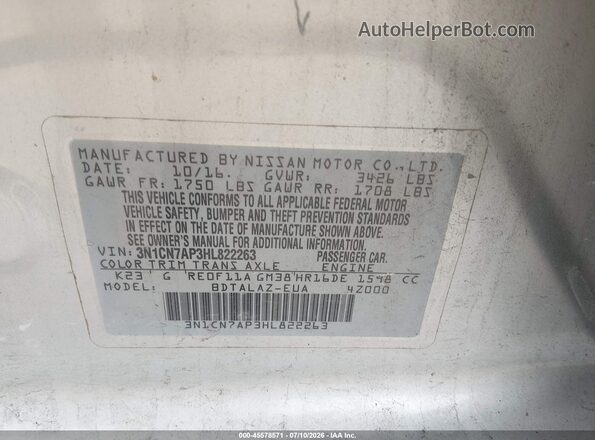 3N1CN7AP3HL822263 2017 NISSAN VERSA Silver Вид підкапотного простору