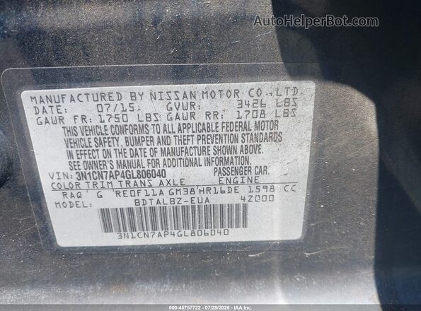 3N1CN7AP4GL806040 2016 NISSAN VERSA Blue ძრავის განყოფილების ხედი