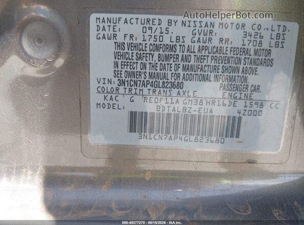 3N1CN7AP4GL823680 2016 NISSAN VERSA Beige Widok komory silnika