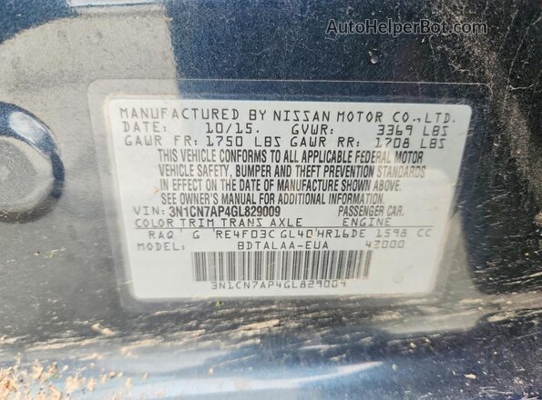 3N1CN7AP4GL829009 2016 NISSAN VERSA Teal Вид наклейки з VIN-кодом