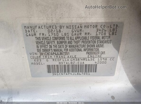 3N1CN7AP4JL867251 2018 NISSAN VERSA Silver Vista del compartimento del motor