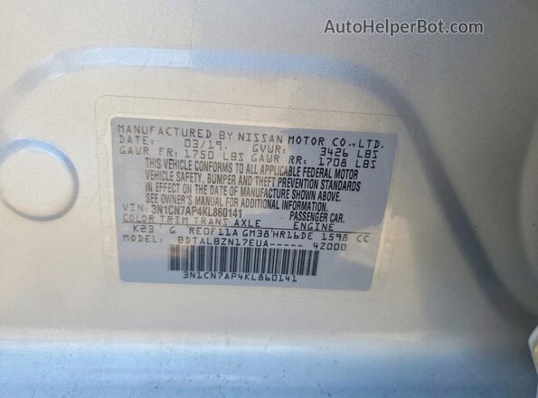3N1CN7AP4KL860141 2019 NISSAN VERSA Silver Widok komory silnika