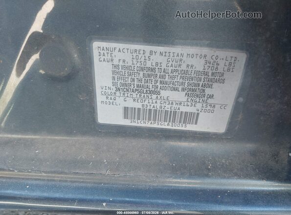 3N1CN7AP5GL830055 2016 NISSAN VERSA Teal ძრავის განყოფილების ხედი