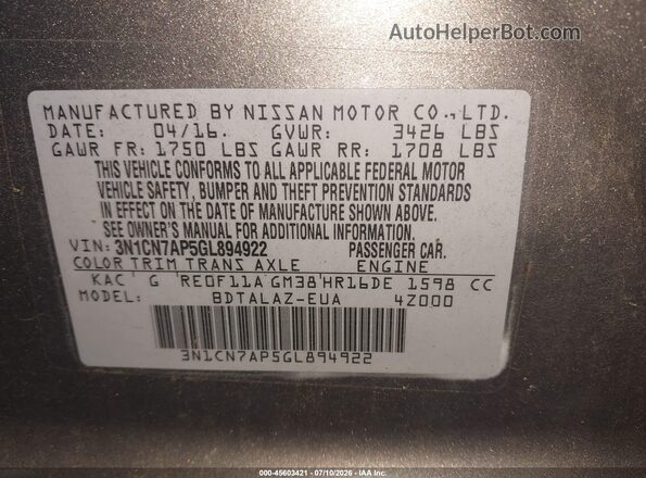3N1CN7AP5GL894922 2016 NISSAN VERSA Gray Вид підкапотного простору