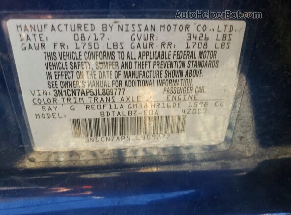 3N1CN7AP5JL809777 2018 NISSAN VERSA Синий Вид наклейки с VIN-кодом