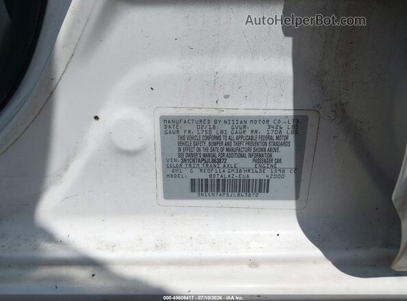 3N1CN7AP5JL863872 2018 NISSAN VERSA White ძრავის განყოფილების ხედი