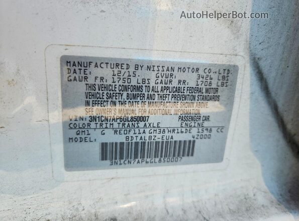 3N1CN7AP6GL850007 2016 NISSAN VERSA White Շարժիչի բաժամունքի տեսք