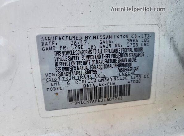 3N1CN7AP6JL809755 2018 NISSAN VERSA Белый Вид наклейки с VIN-кодом