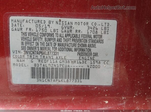 3N1CN7AP6KL877331 2019 NISSAN VERSA Red Vista del compartimento del motor