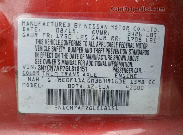 3N1CN7AP7GL818151 2016 NISSAN VERSA Red ძრავის განყოფილების ხედი