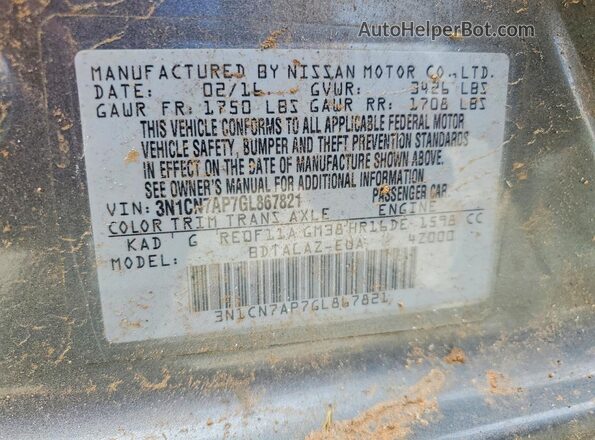 3N1CN7AP7GL867821 2016 NISSAN VERSA Gray VIN կոդի պիտակի տեսք