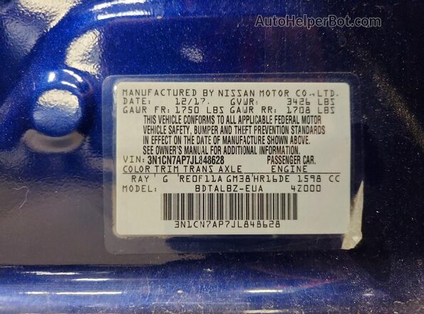 3N1CN7AP7JL848628 2018 NISSAN VERSA Blue Շարժիչի բաժամունքի տեսք