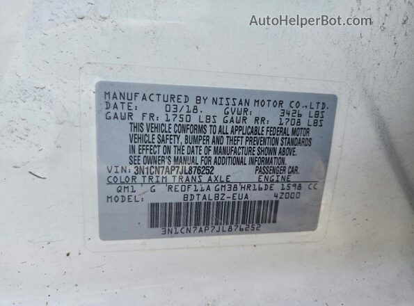 3N1CN7AP7JL876252 2018 NISSAN VERSA White Widok komory silnika