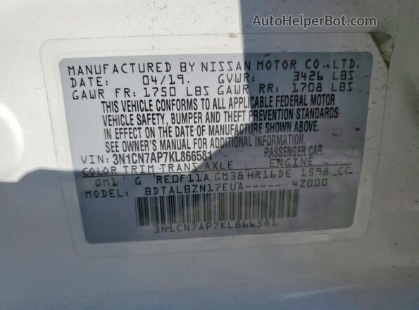 3N1CN7AP7KL866581 2019 NISSAN VERSA White Շարժիչի բաժամունքի տեսք