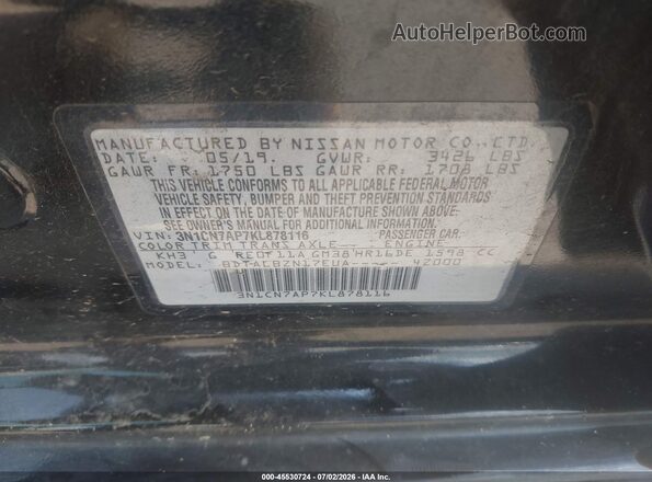 3N1CN7AP7KL878116 2019 NISSAN VERSA Black Вид підкапотного простору