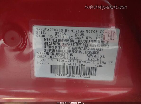 3N1CN7AP8GL819115 2016 NISSAN VERSA Red Widok komory silnika