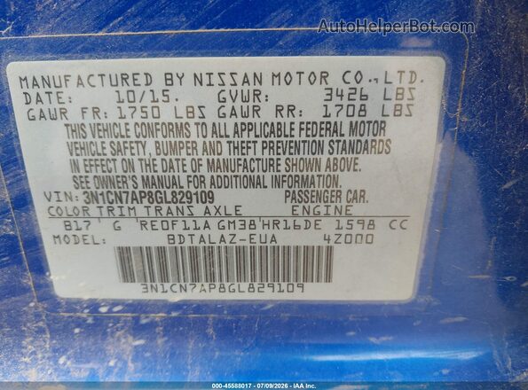 3N1CN7AP8GL829109 2016 NISSAN VERSA Blue Engine compartment view