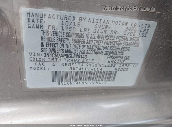 3N1CN7AP8GL829143 2016 NISSAN VERSA Gold Widok komory silnika