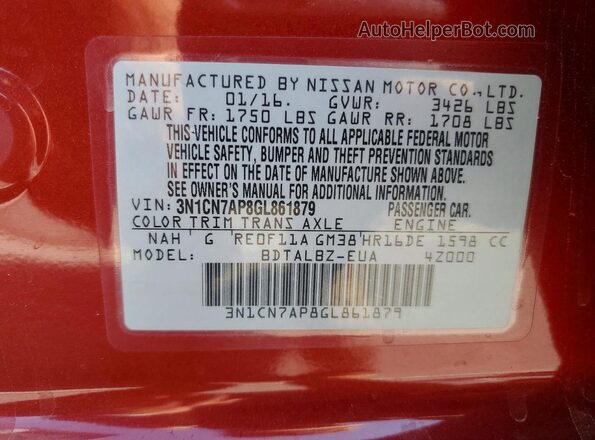3N1CN7AP8GL861879 2016 NISSAN VERSA Red VIN კოდის სტიკერის ხედი