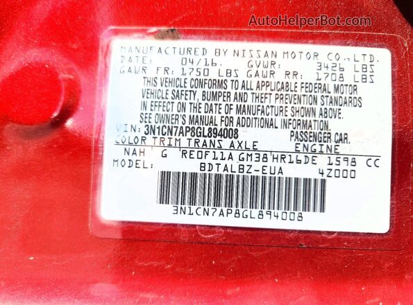 3N1CN7AP8GL894008 2016 NISSAN VERSA Maroon Widok naklejki z numerem VIN
