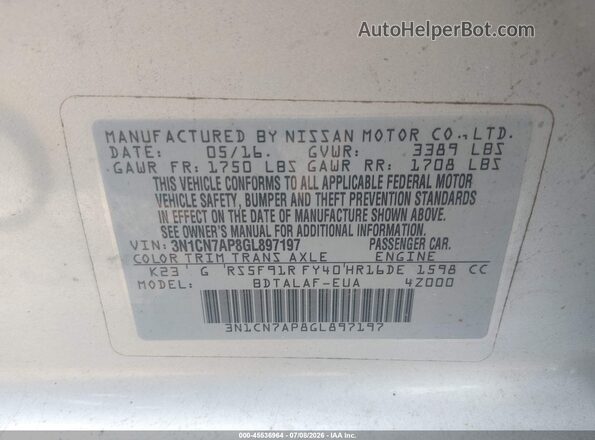 3N1CN7AP8GL897197 2016 NISSAN VERSA Silver Vista del compartimento del motor