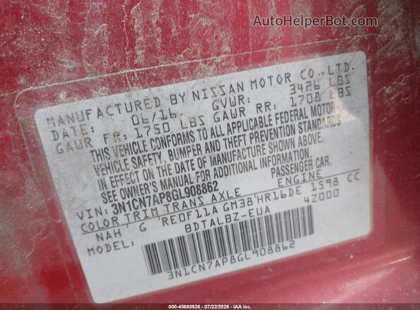 3N1CN7AP8GL908862 2016 NISSAN VERSA Красный Вид подкапотного пространства