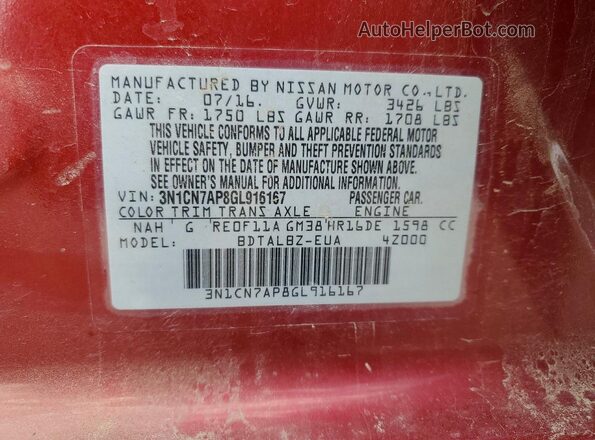 3N1CN7AP8GL916167 2016 NISSAN VERSA Red ძრავის განყოფილების ხედი