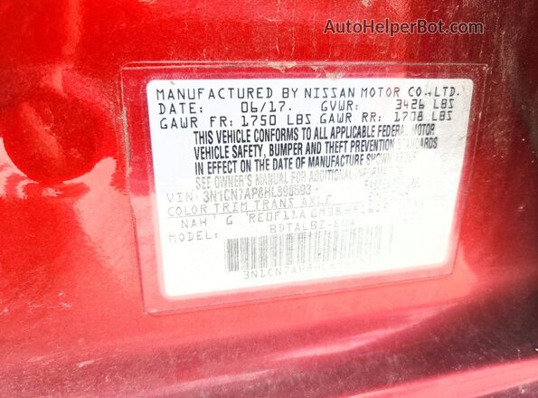 3N1CN7AP8HL898593 2017 NISSAN VERSA Red VIN sticker view