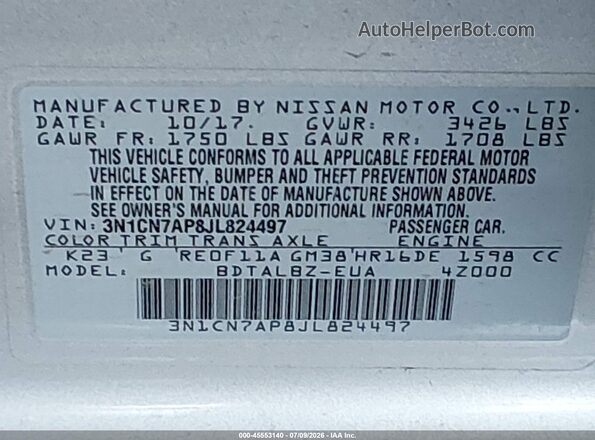 3N1CN7AP8JL824497 2018 NISSAN VERSA Silver Вид підкапотного простору