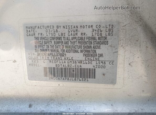 3N1CN7AP8JL876521 2018 NISSAN VERSA Silver Engine compartment view