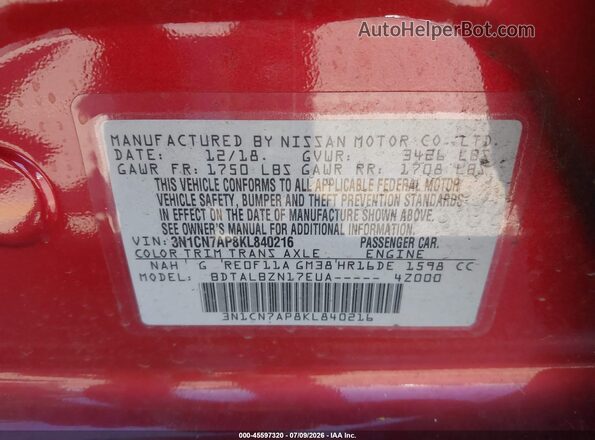 3N1CN7AP8KL840216 2019 NISSAN VERSA Red Вид підкапотного простору