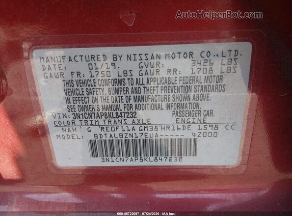 3N1CN7AP8KL847232 2019 NISSAN VERSA Красный Вид подкапотного пространства