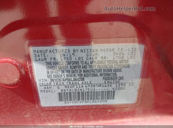 3N1CN7AP8KL864208 2019 NISSAN VERSA Red Շարժիչի բաժամունքի տեսք