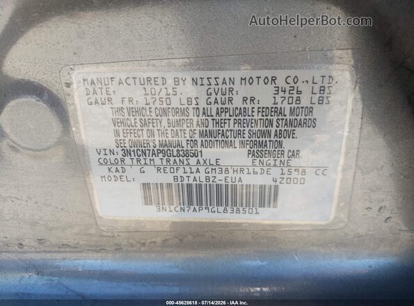 3N1CN7AP9GL838501 2016 NISSAN VERSA Gray Vista del compartimento del motor