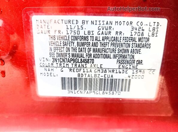 3N1CN7AP9GL845870 2016 NISSAN VERSA Red Vista del compartimento del motor